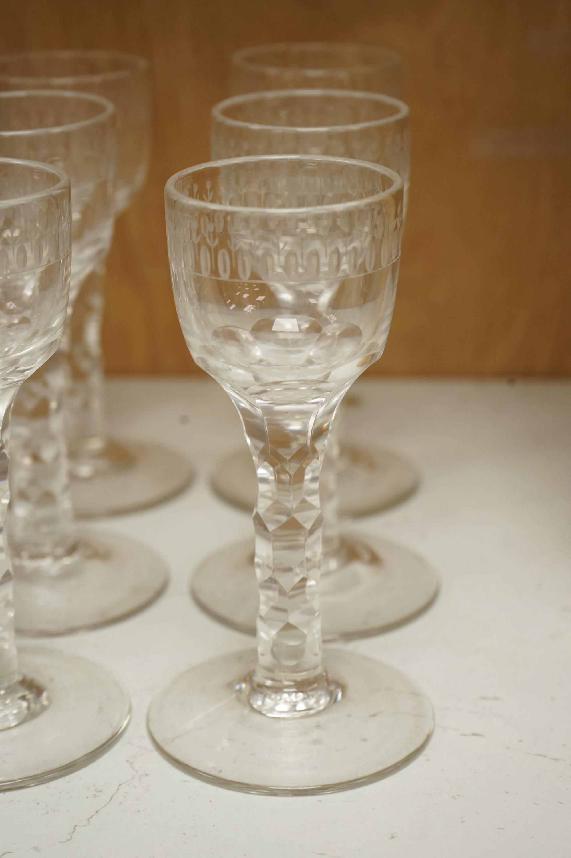 A set of six faceted wine glasses, c.1780, 14cm high